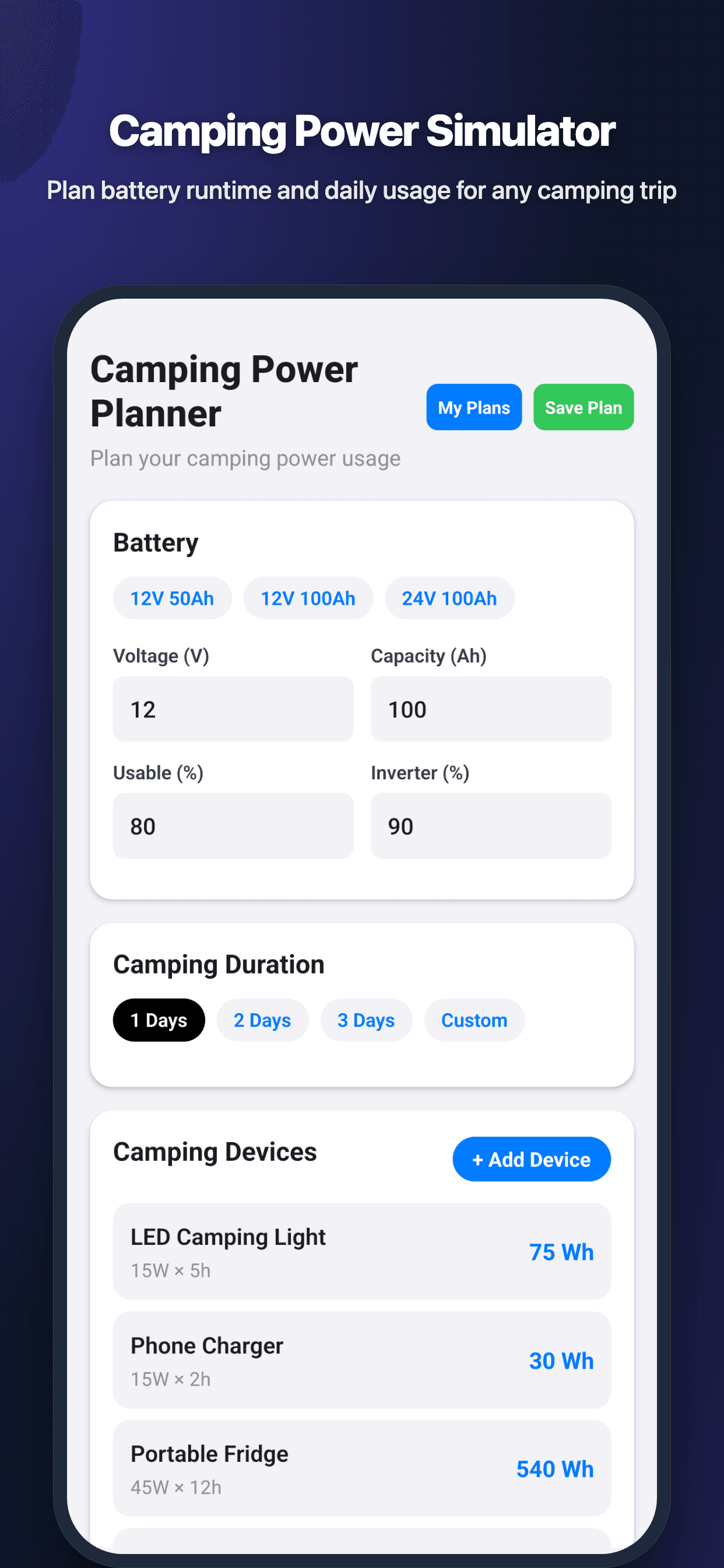 Camping Power Planner Screenshot 1